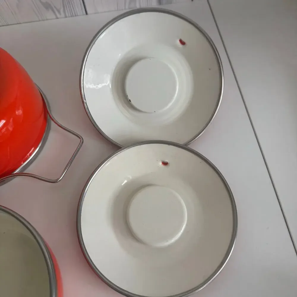 MCM Set of 2 Enamel Bright Red-Orange Lidded Cooking Pots Handle Lid